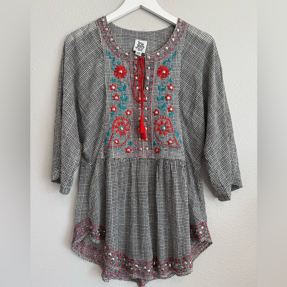 Ivy Jane Boho Houndstooth‎ Tunic Top Embroidered Tassel Peasant Blouse XS